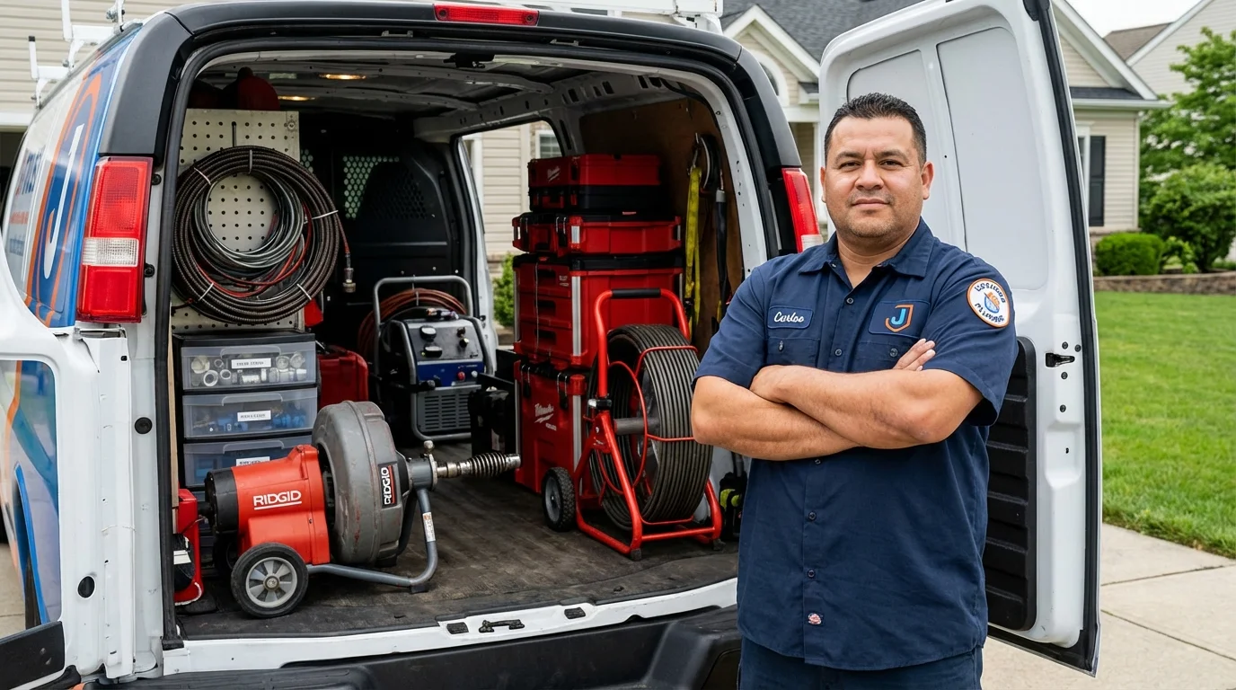 Professional drain cleaning equipment and Johns Plumbing LLC plumber in Tioga