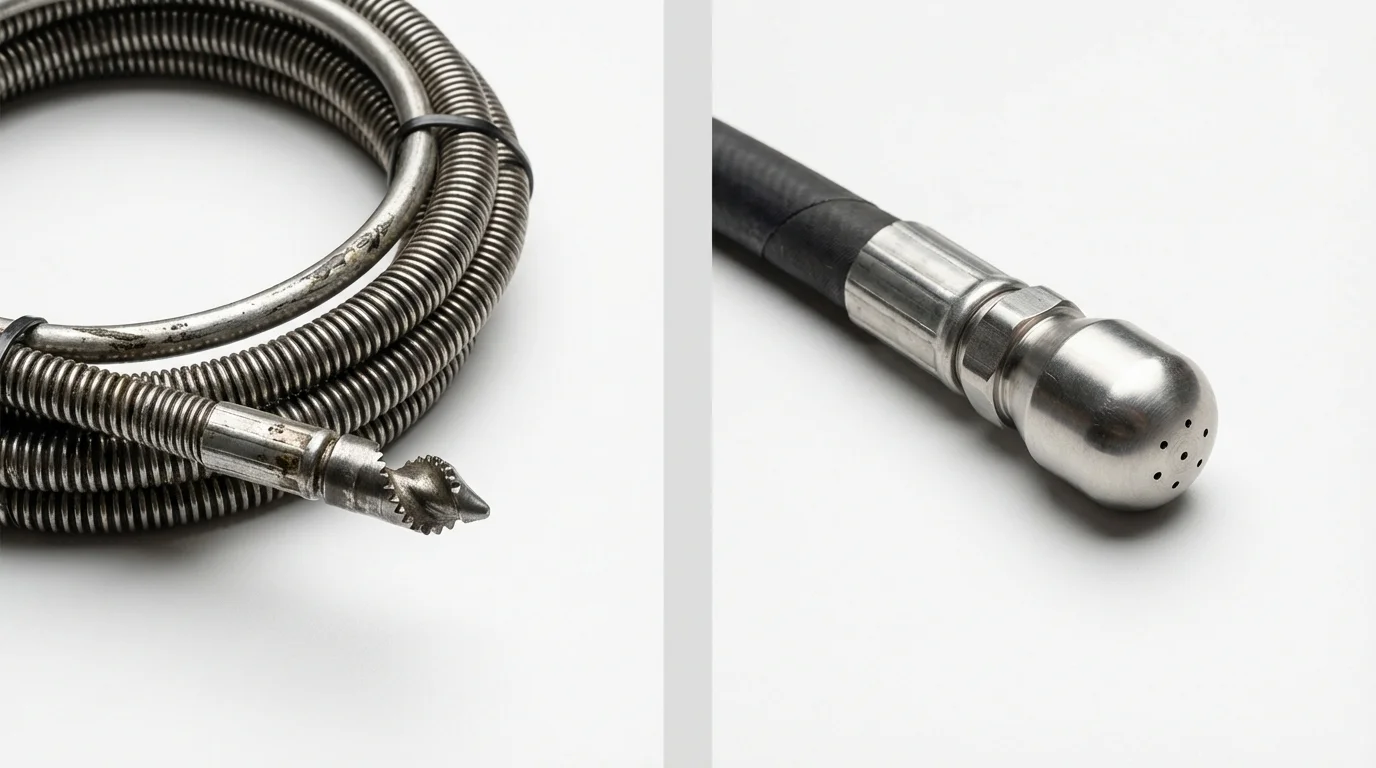 Drain snake cable and hydro jetting nozzle used for drain cleaning in Tioga, ND