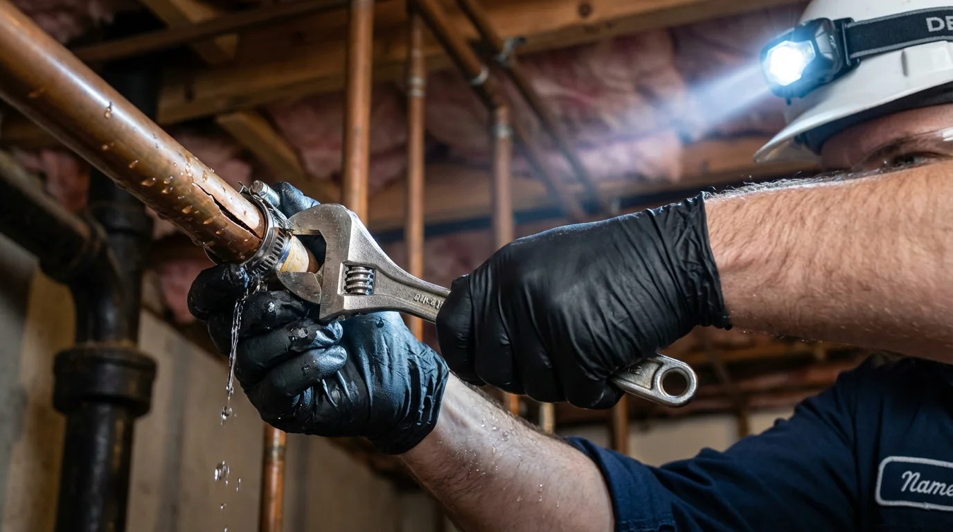 Emergency pipe clamp repair being performed by a Johns Plumbing LLC plumber in Tioga