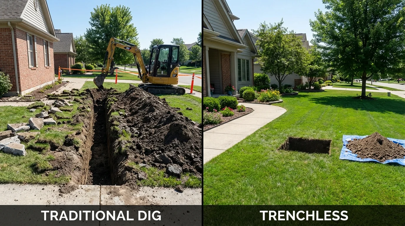 Trenchless sewer repair with minimal yard damage versus traditional excavation in Tioga, ND
