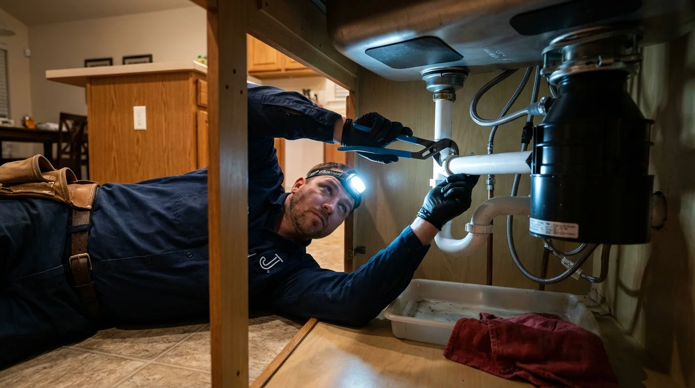 P-trap and supply line connections under a kitchen sink showing a common leak point in Tioga, ND
